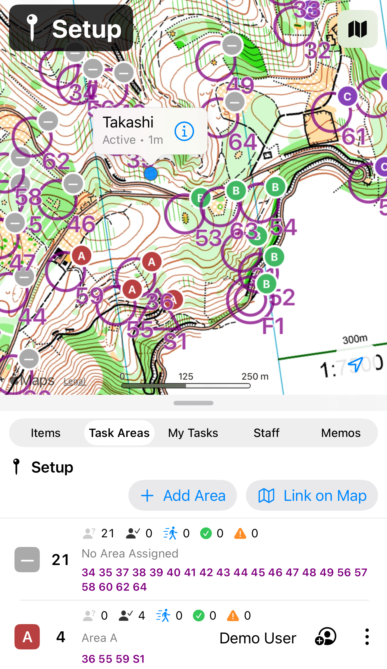 Task management screen — control tasks organized by area on the O-map